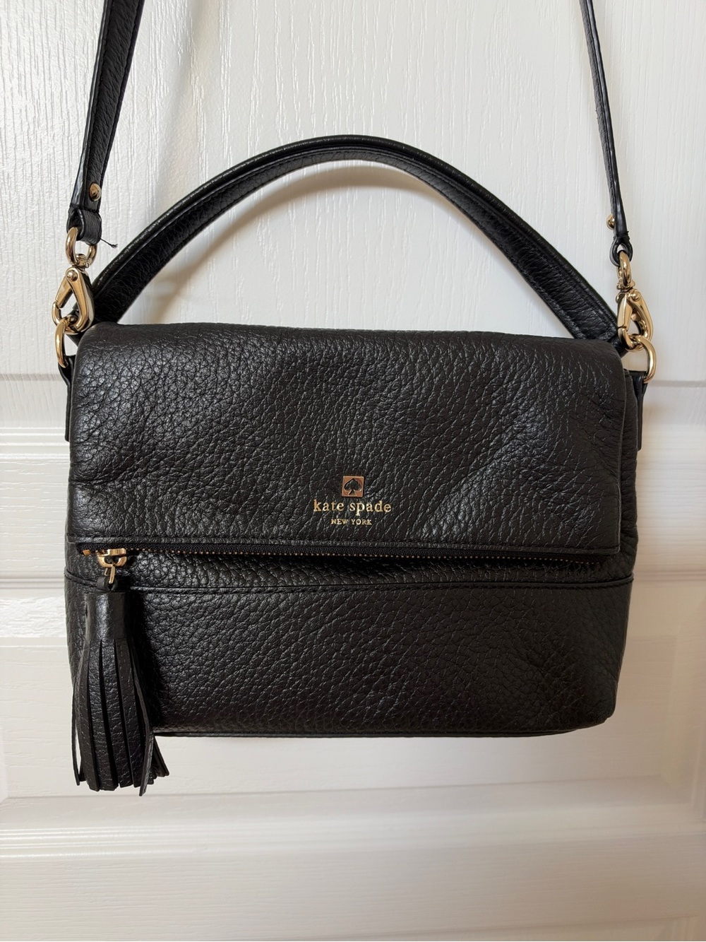 kate spade Black Pebble Leather Crossbody Bag with Tassel